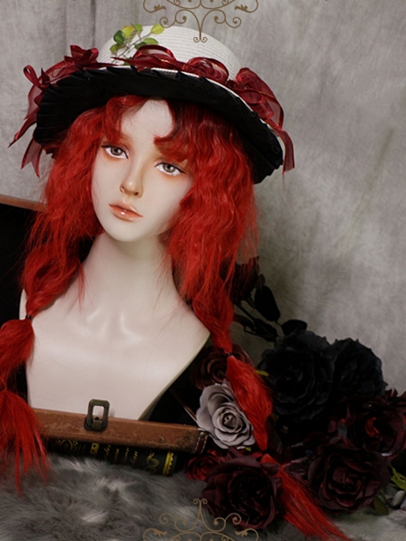 Evahair 2022 Vintage Style Red Long Wavy Synthetic Wig with Bangs and Dark Roots