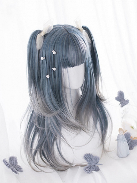 Evahair Grey and Blue Mixed Color Long Straight Synthetic Wig with Bangs