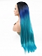 European and American style front lace long hair black and blue gradient wig