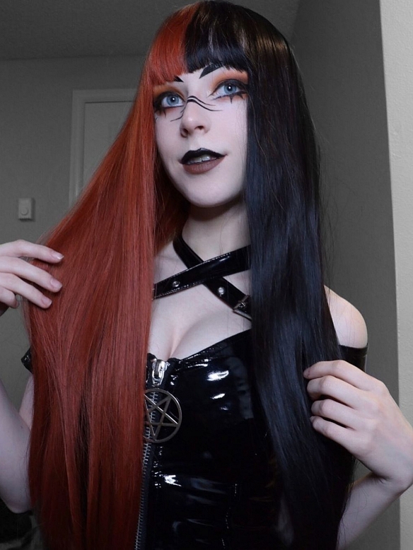 Evahair Half Black and Half Orange Long Straight Synthetic Wig with Bangs