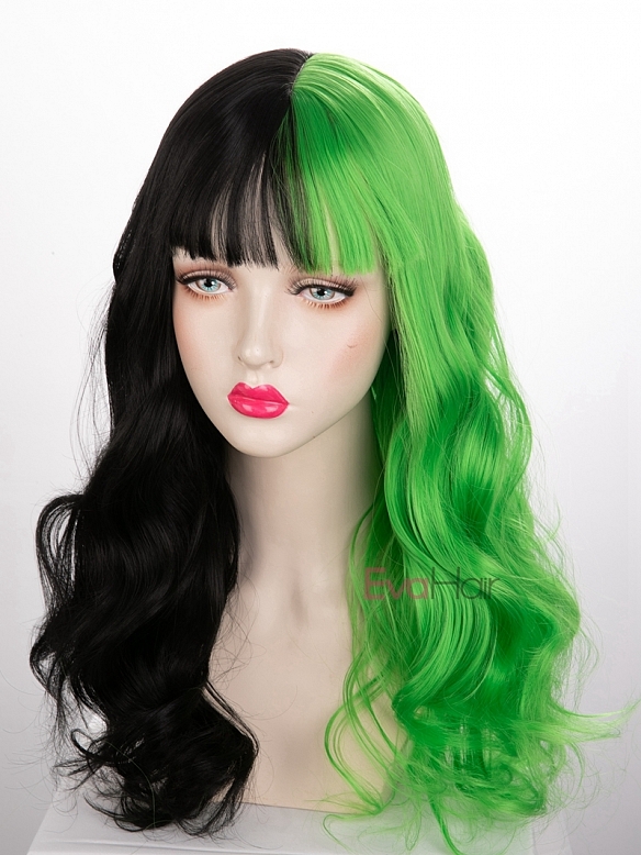 Evahair Half Black and Half Green Wefted Cap Wavy Synthetic Wig with Bangs 