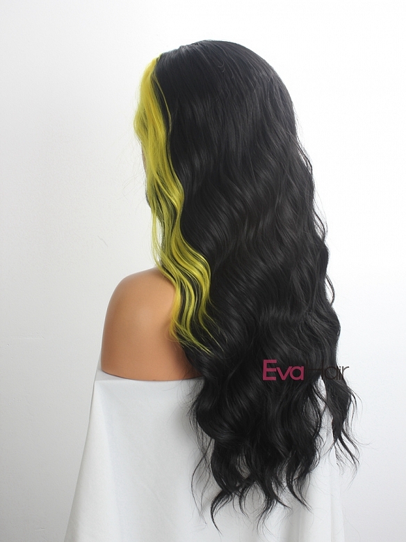 Evahair Black and Fore Yellow Long Wavy Synthetic Lace Front Wig