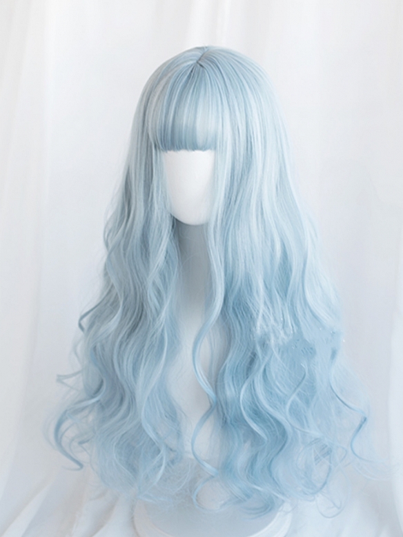 Evahair 2021 New Style Pastel Blue Long Wavy Synthetic Wig with Bangs