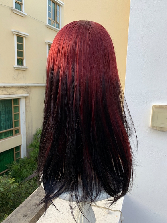 Evahair 2022 New Style Red to Black Ombre Long Straight Synthetic Lace Front Wig