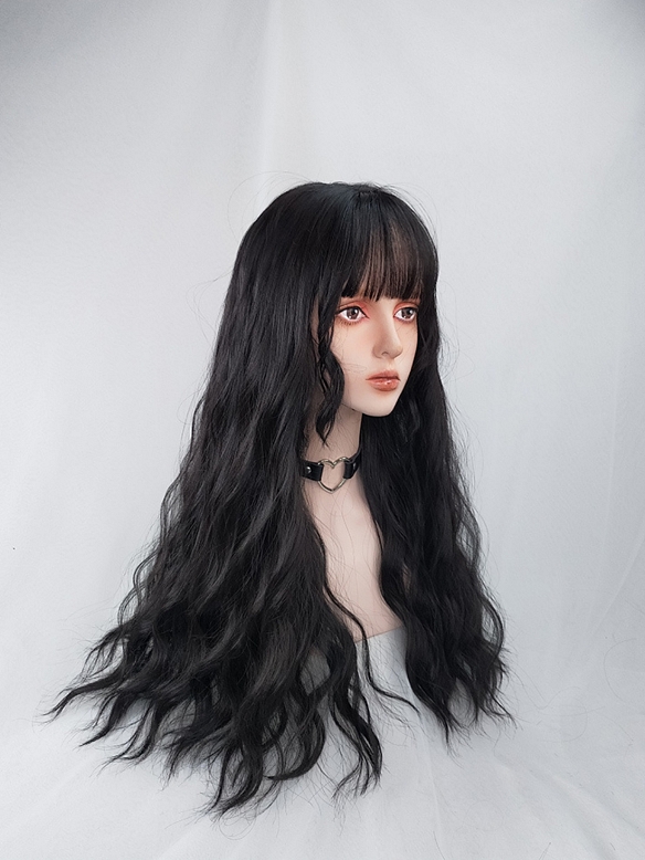Evahair Black Long Natural Wavy Synthetic Wig with Bangs