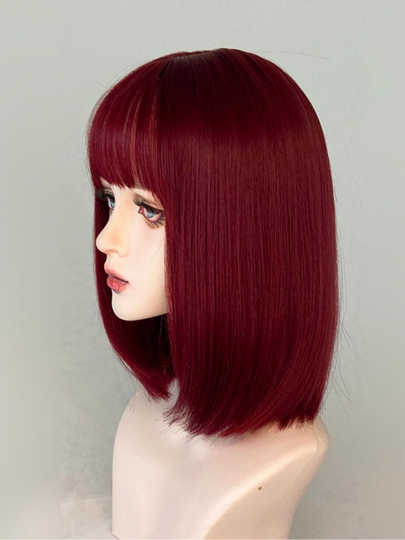 Evahair 2021 New Style Red Wine Color Shoulder Length Straight Synthetic Wig with Bangs