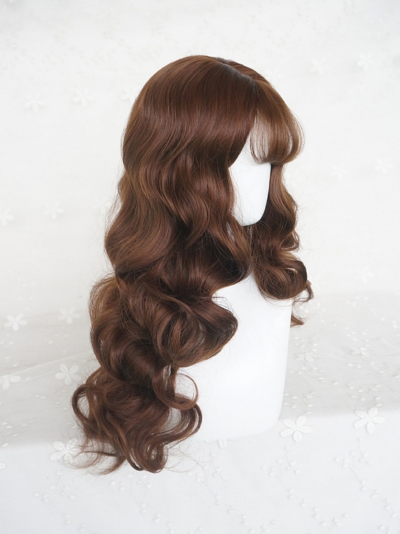 Evahair Brown Long Wavy Synthetic Wig with Wispy Bangs