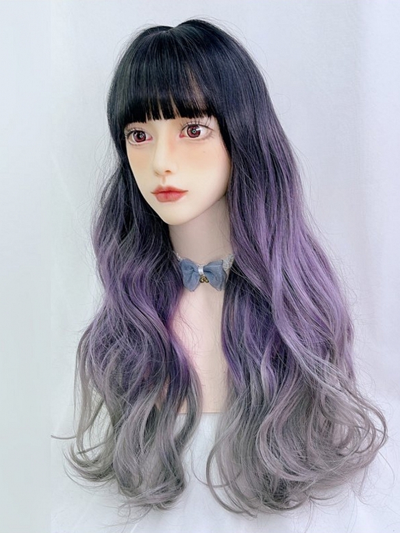 Evahair 2021 New Style Purple to Grey Ombre Color Long Wavy Synthetic Wig with Bangs and Black Roots