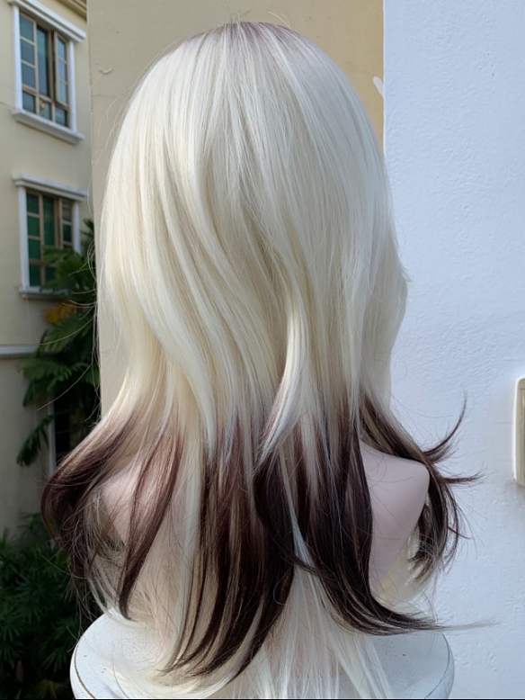 Evahair 2022 New Style Blonde to Brown Ombre Medium Straight Synthetic Wig with Bangs