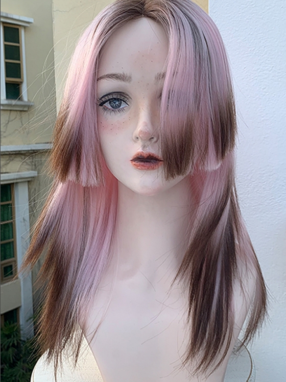 Preorder--2021 New Style Pink and Brown Mixed Color T-Part Long Straight Synthetic Lace Wig with Hime Cut