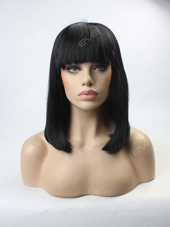 Cute Black Bob with Bangs Synthetic Lece Front Wigs