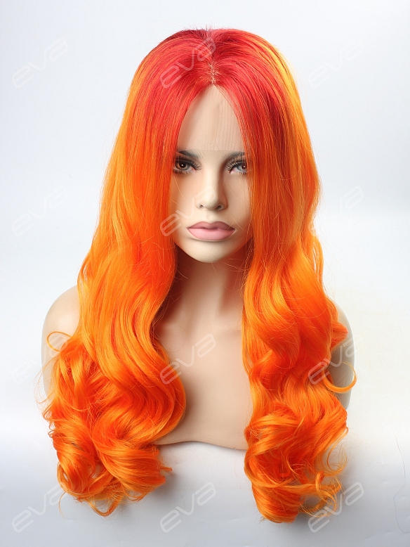 2017 New Fashion-Sunset Orange & Yellow Flame Wavy Long Synthetic Lace Front Wig