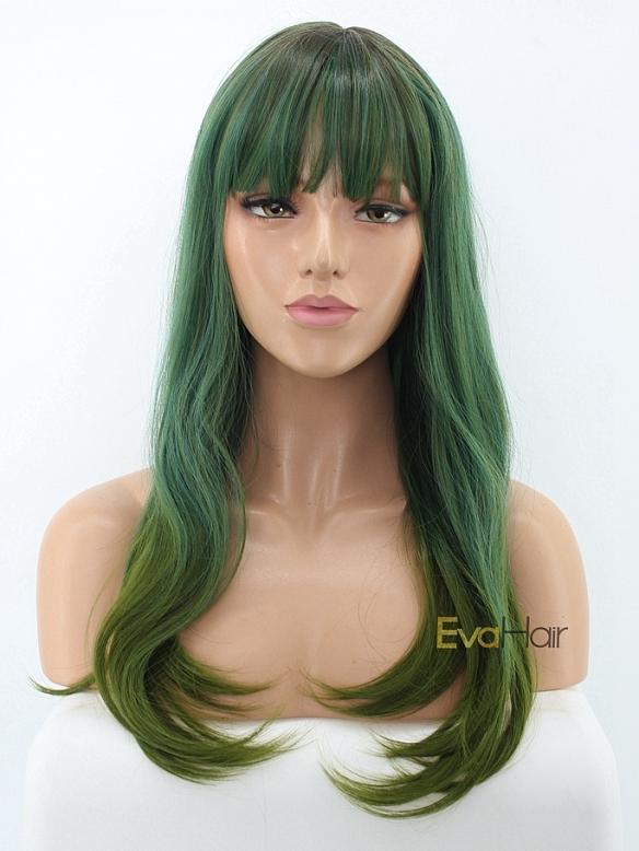 Shoulder Length Shading Green Synthetic Wig