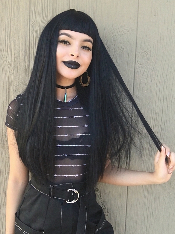 Classic Black Long Straight Sleek Synthetic Wefted Cap Wig with Full Blunt Bangs