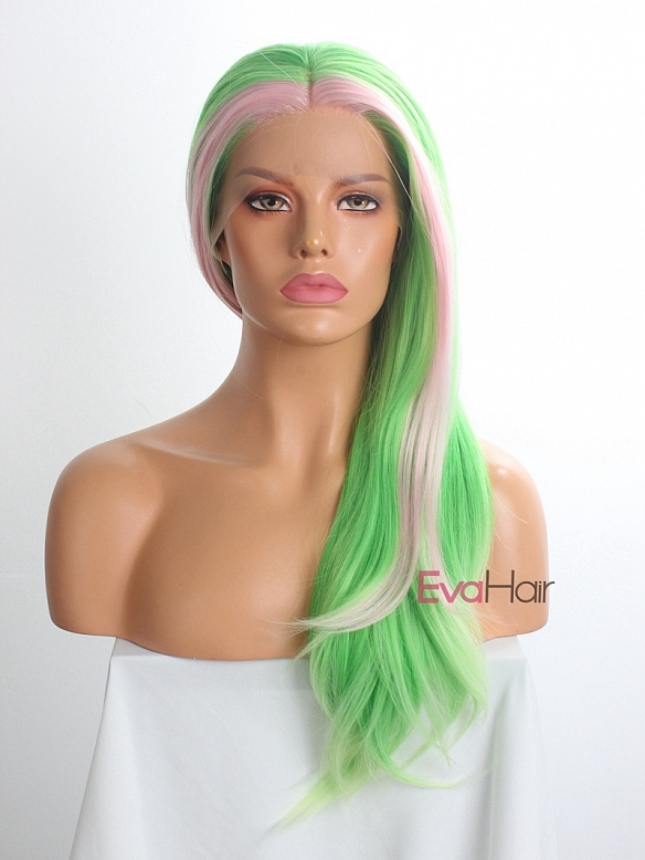 Evahair Green and Fore Pink Long Straight Synthetic Lace Front Wig 