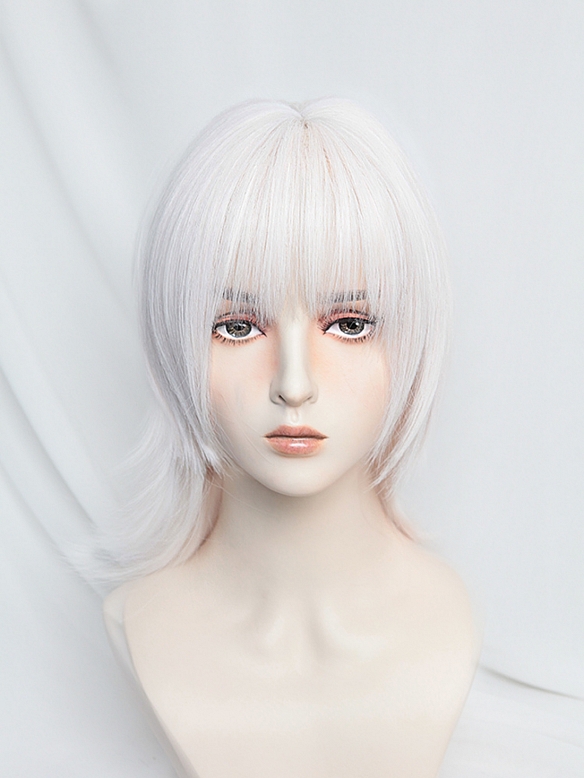 Evahair 2021 New Style Silvery White Shoulder Length Straight Synthetic Wig with Bangs