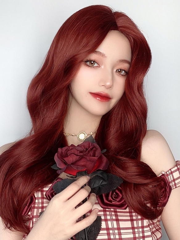Wine red big wave centre parting vintage Lolita wig