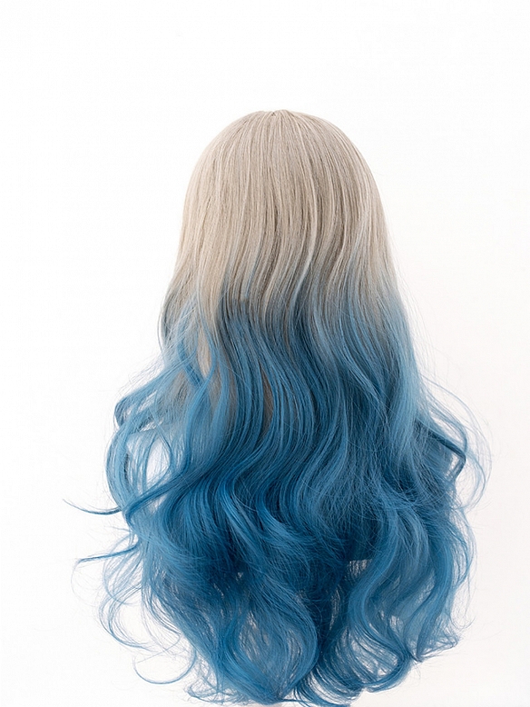 Evahair Grey to Blue Ombre Long Wavy Synthetic Wig with Bangs
