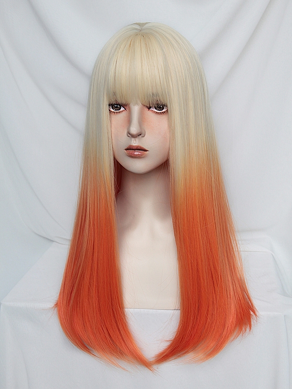 Evahair Blonde to Orange Ombre Long Straight Synthetic Wig with Bangs