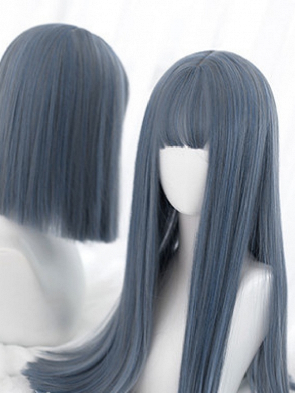 Evahair Blue Shoulder Length Straight Synthetic Wig with Bangs