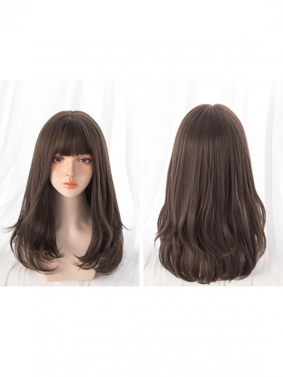 Evahair Cool Brown Medium Length Synthetic Wig with Bangs