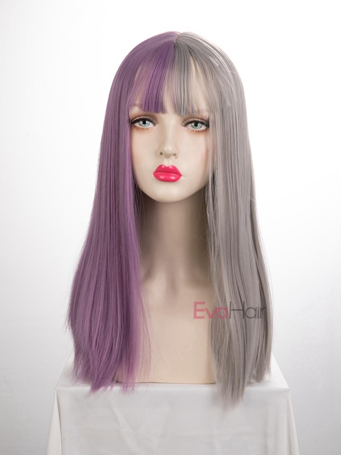 Evahair Half Purple And Half Grey Wefted Cap Long Straight Synthetic Wig With Bangs Home Evahair