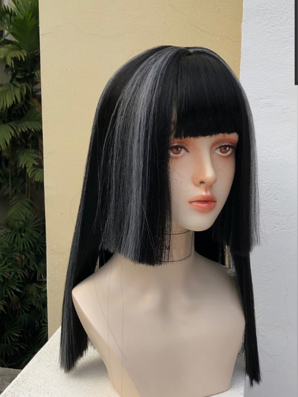Evahair 2021 New Style Black and Grey Mixed Color Synthetic Wig with Bangs and Hime Cut