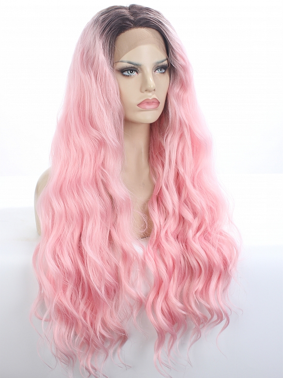 HOT INSTAGRAM CHIC PASTEL PINK WATER WAVY SYNTHETIC LACE FRONT WIG
