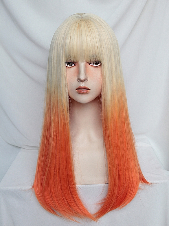 Evahair Blonde to Orange Ombre Long Straight Synthetic Wig with Bangs