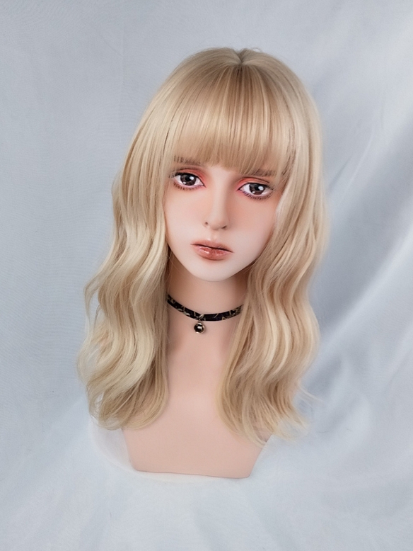 Evahair Blonde Shoulder-Length Wavy Synthetic Wig with Bangs