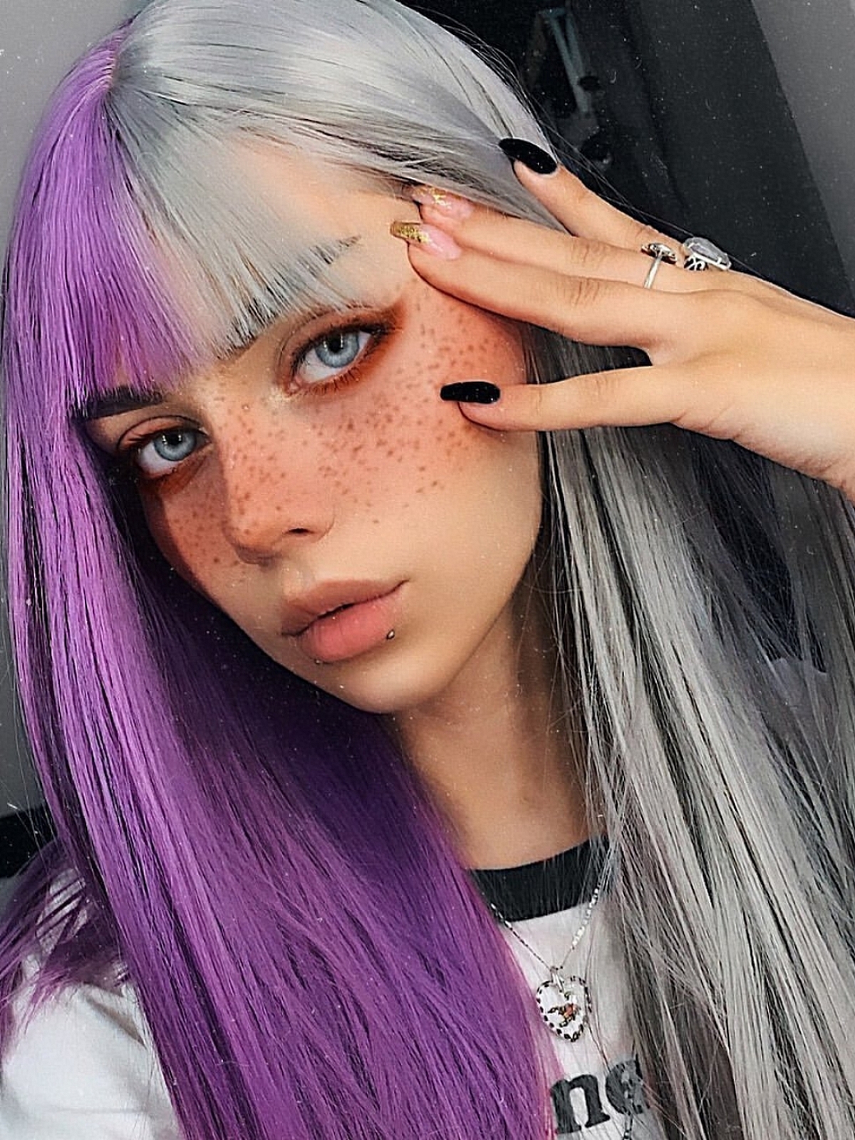 Evahair Half Purple And Half Grey Wefted Cap Long Straight Synthetic Wig With Bangs Home Evahair