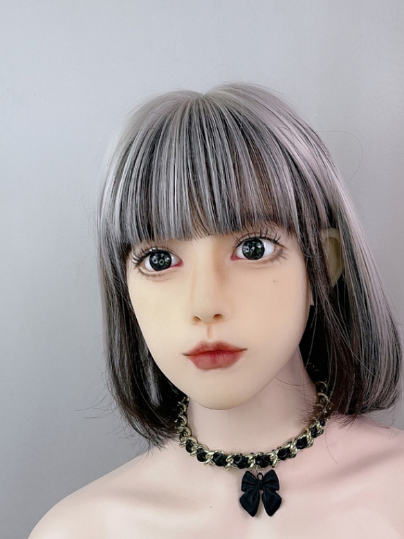 Evahair 2021 New Style Silvery White and Black Mixed Color Shoulder Length Straight Synthetic Wig with Bangs