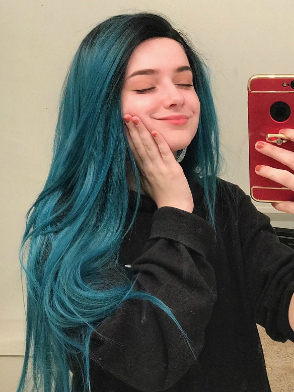 Sea Blue Mixed Color with Black Root Long Straight Synthetic Lace Front Wig 