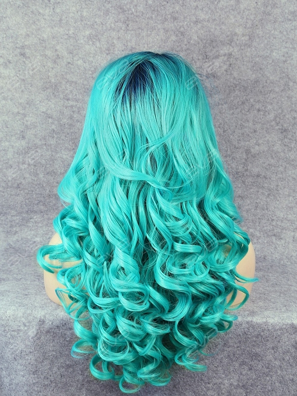 Bright Mint with Blue Root Color Synthetic Lace Front Wig 