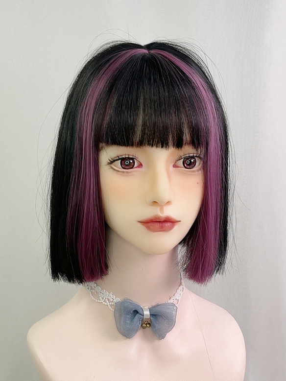 Evahair 2021 New Style Black and Purple Mixed Color Shoulder Length Straight Synthetic Wig with Bangs