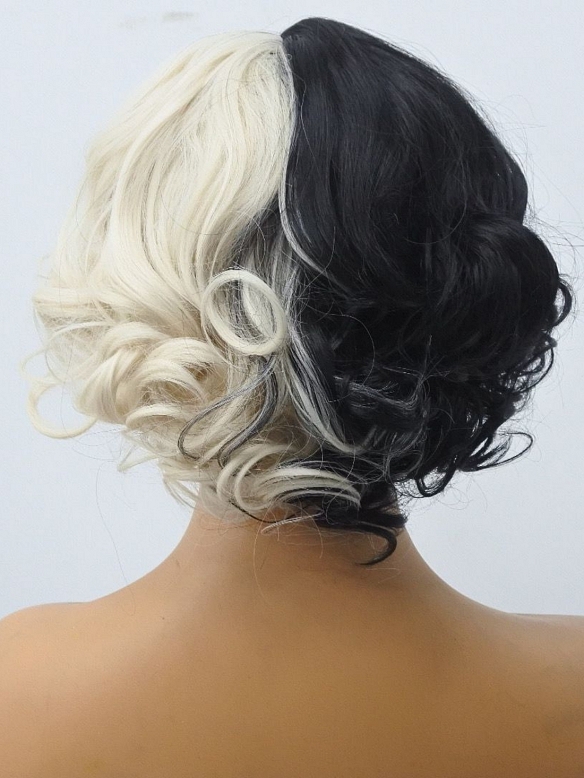 Evahair 2021 Vintage Style Half Black and Half Blonde Short Curly Synthetic Wig with Bangs