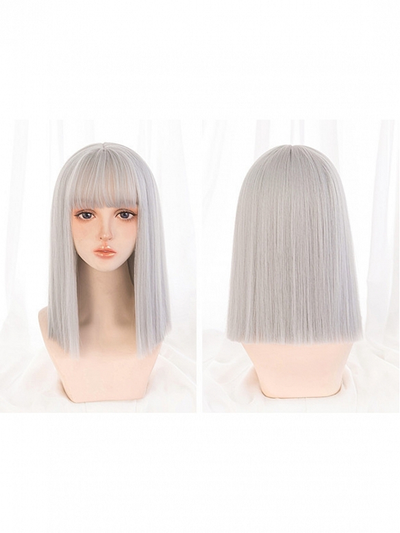 Evahair Silver Medium Length Straight Synthetic Wig with Bangs