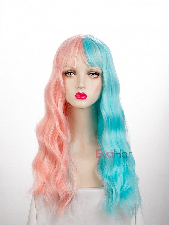Evahair Half Pink and Half Blue Wefted Cap Wavy Synthetic Wig with Bangs