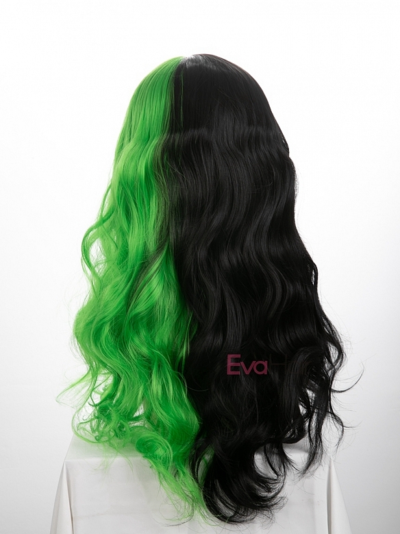 Evahair Half Black and Half Green Wefted Cap Wavy Synthetic Wig with Bangs 