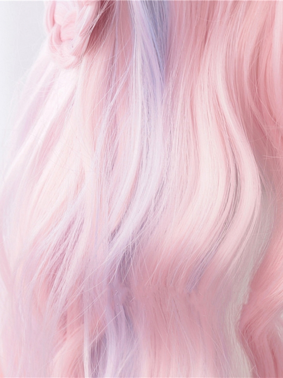 Evahair Pink Mixed Color Long Wavy Synthetic Wig with Bangs