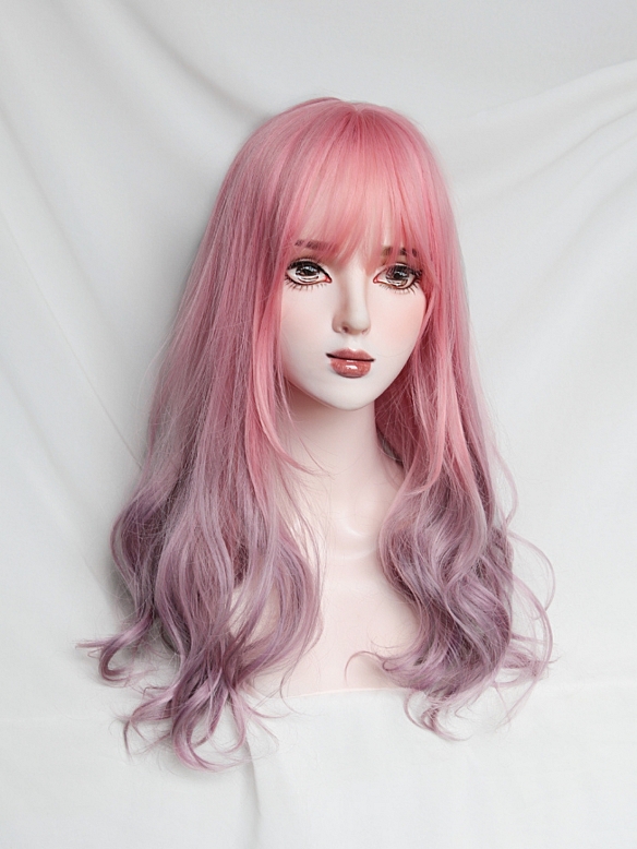 Evahair 2021 New Styke Pink Ombre Long Wavy Synthetic Wig with Bangs