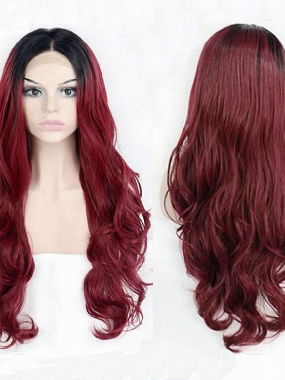 Evahair Fashion Style Cute Wine red Long Wavy Synthetic Wig