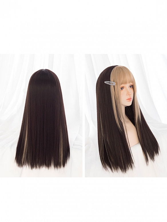 Evahair Black and Front Blonde Long Straight Synthetic Wig with Bangs