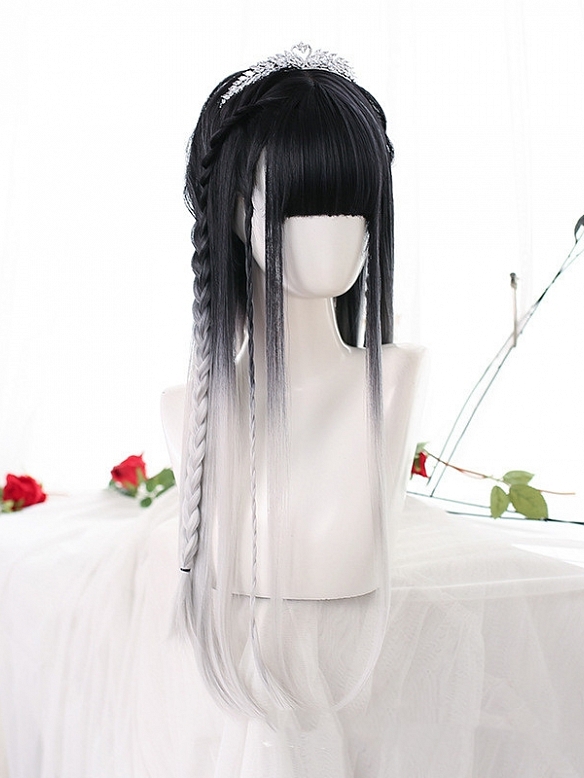 Adjustable Black and white gradient full cap lolita wig