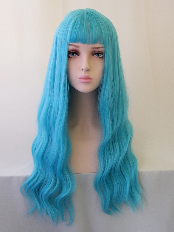 Evahair 2021 New Style Blue Sky Color Long Wavy Synthetic Wig with Bangs