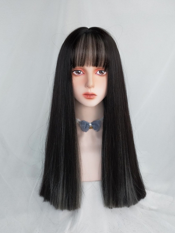Evahair Black and Grey Mixed Color Long Straight Synthetic Wig with Bangs