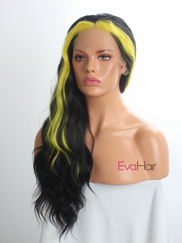 Evahair Black and Fore Yellow Long Wavy Synthetic Lace Front Wig