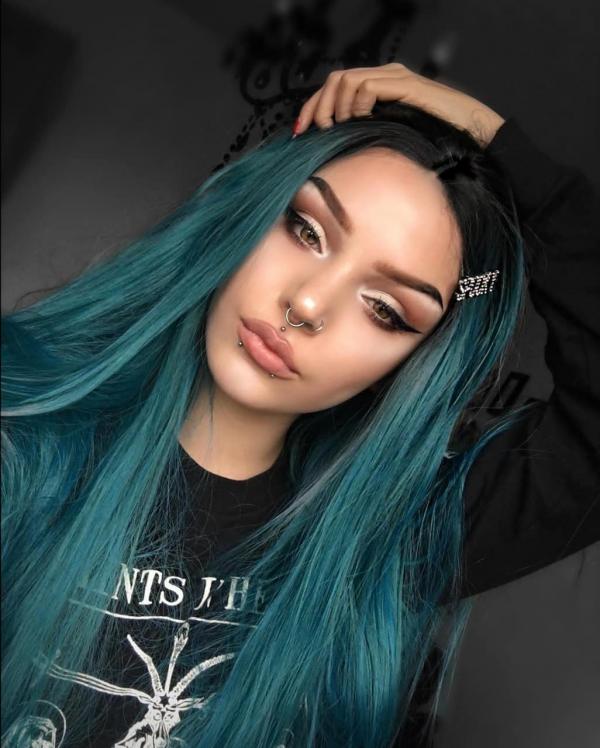 Sea Blue Mixed Color with Black Root Long Straight Synthetic Lace Front ...