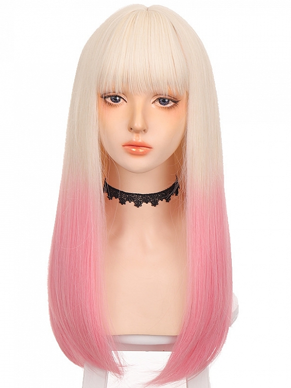 Fahion Long straight pale gold and pink gradient lolita wig