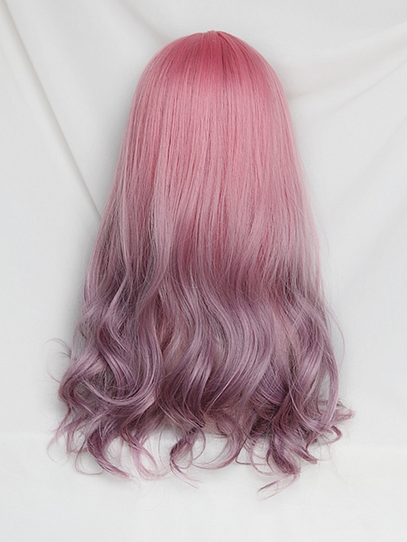 Evahair 2022 New Style Pink to Purple Ombre Long Wavy Synthetic Wig with Bangs